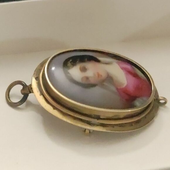 Victorian Antique Brooch Pendant Hand Painted Porcelain Portrait Gold Tone Oval - Picture 9 of 16